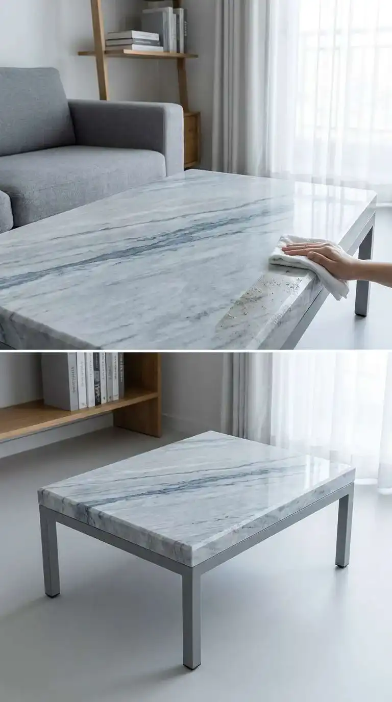 Damp white cloth wiping the beveled edge of a thick white marble coffee table to remove dust and grime buildup