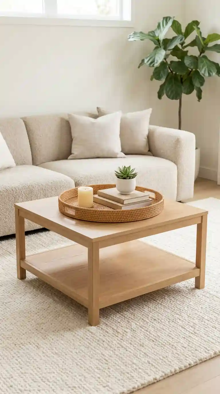 Large round rattan tray on square coffee table with candle stacked books and small succulent