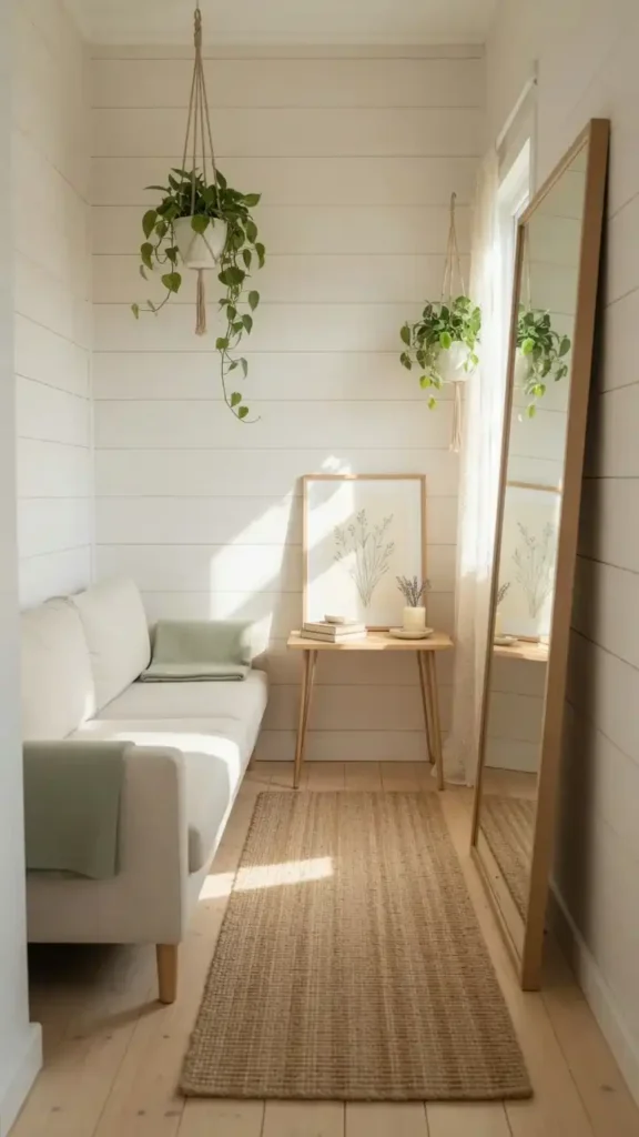 Bright narrow farmhouse living room with light walls, jute runner rug, leaning mirror, and minimal cozy decor