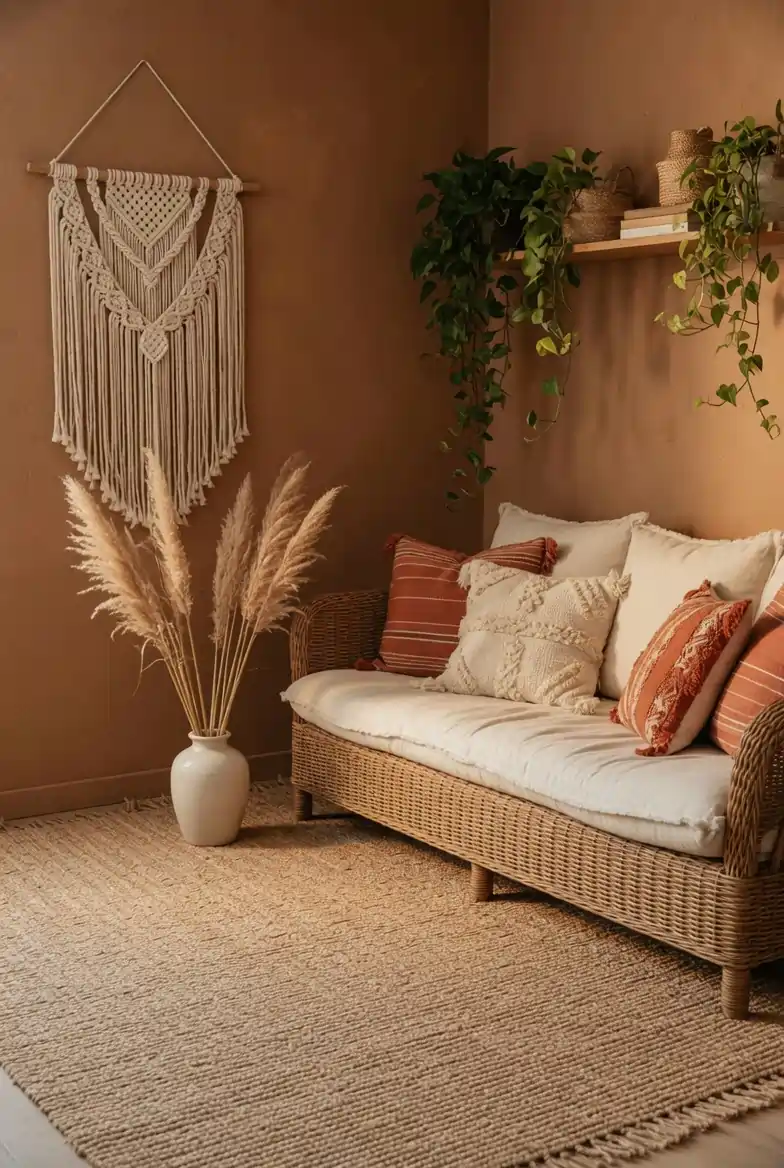 Mid brown boho living room walls with rattan sofa, jute rug, cream macrame wall hanging, and dried pampas grass