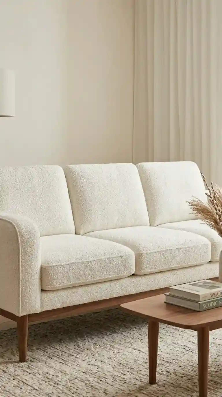 White sofa with slender tapered walnut legs close up on light oak flooring with slim coffee table in front