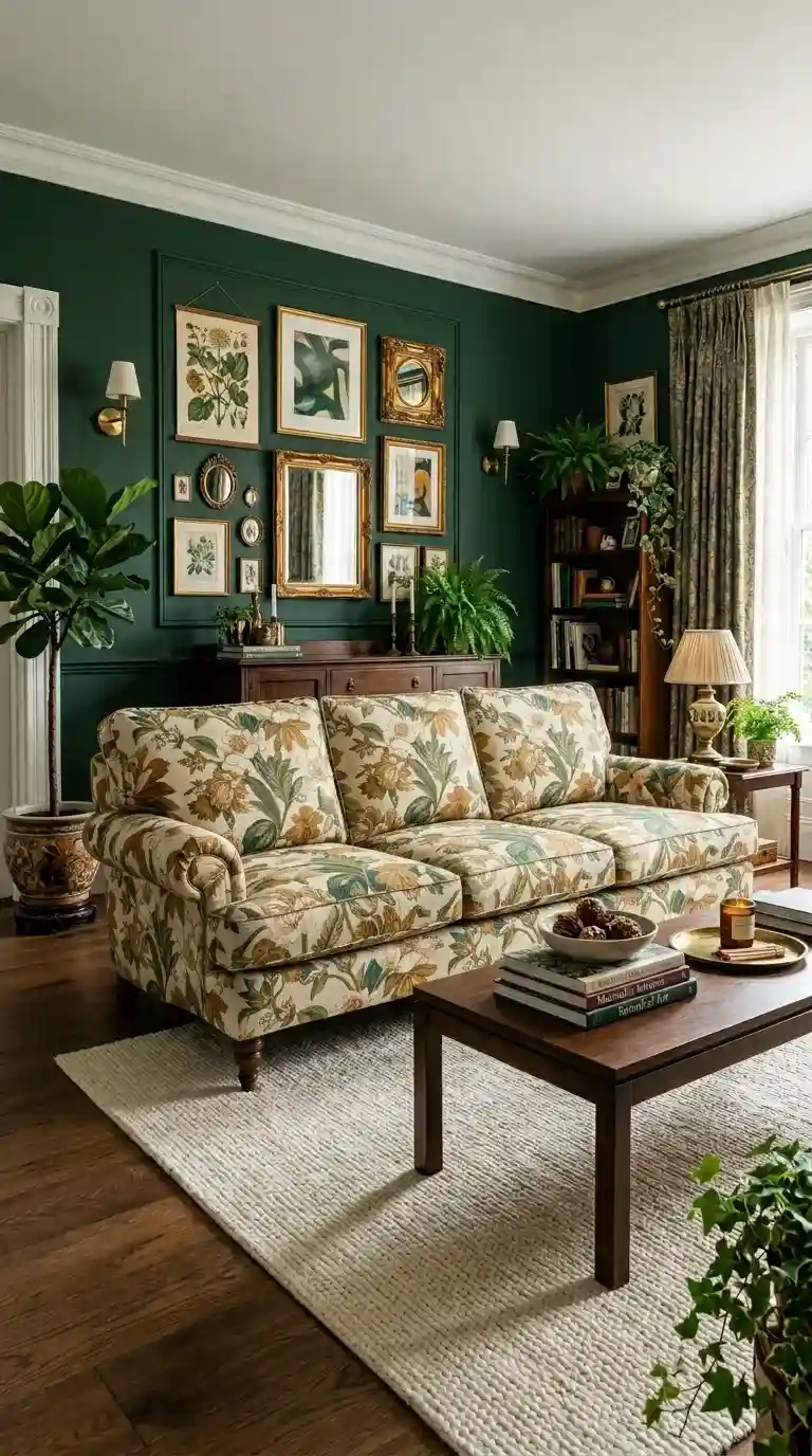 Bold botanical floral print sofa in forest green ochre and ivory with dark walnut legs against deep green accent wall in maximalist room