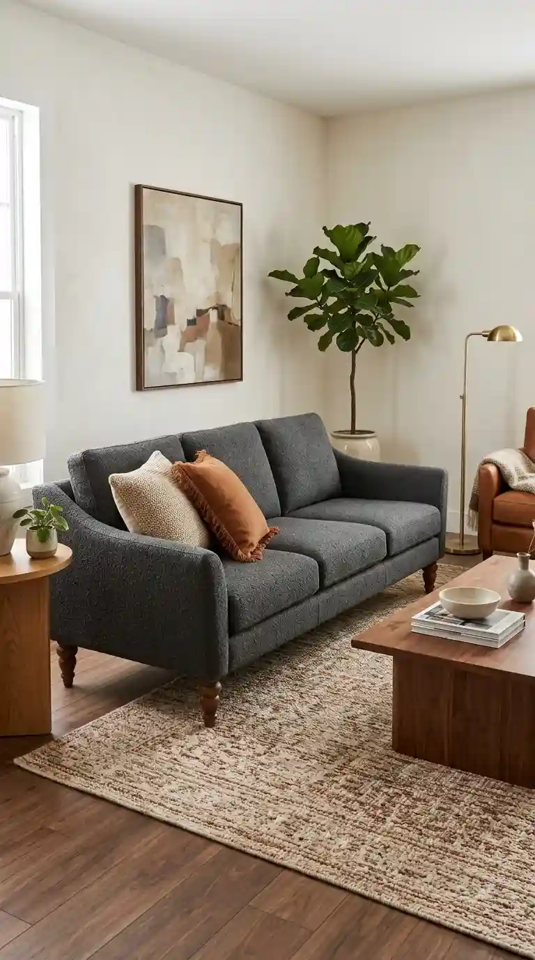 Dark grey wool blend sofa with walnut turned legs oatmeal and rust cushions beside cognac leather chair edge on warm off-white wall