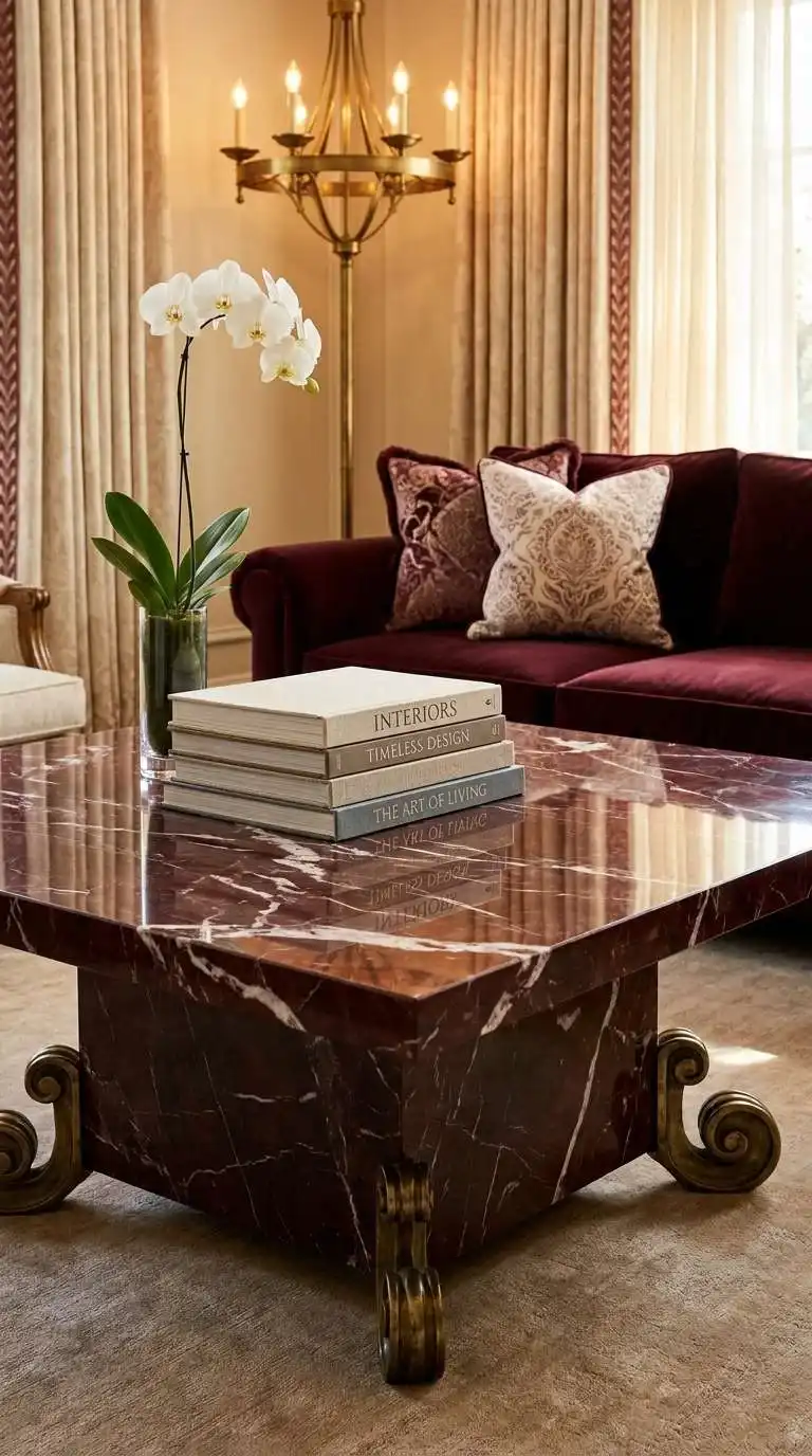 Flawlessly restored white marble coffee table in a bright living room styled with a white orchid and stacked books