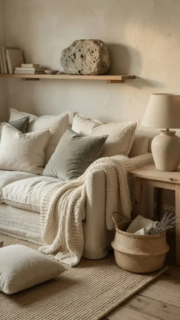 Farmhouse interior design with layered textures including linen sofa, chunky knit throw, jute rug, and raw wood table