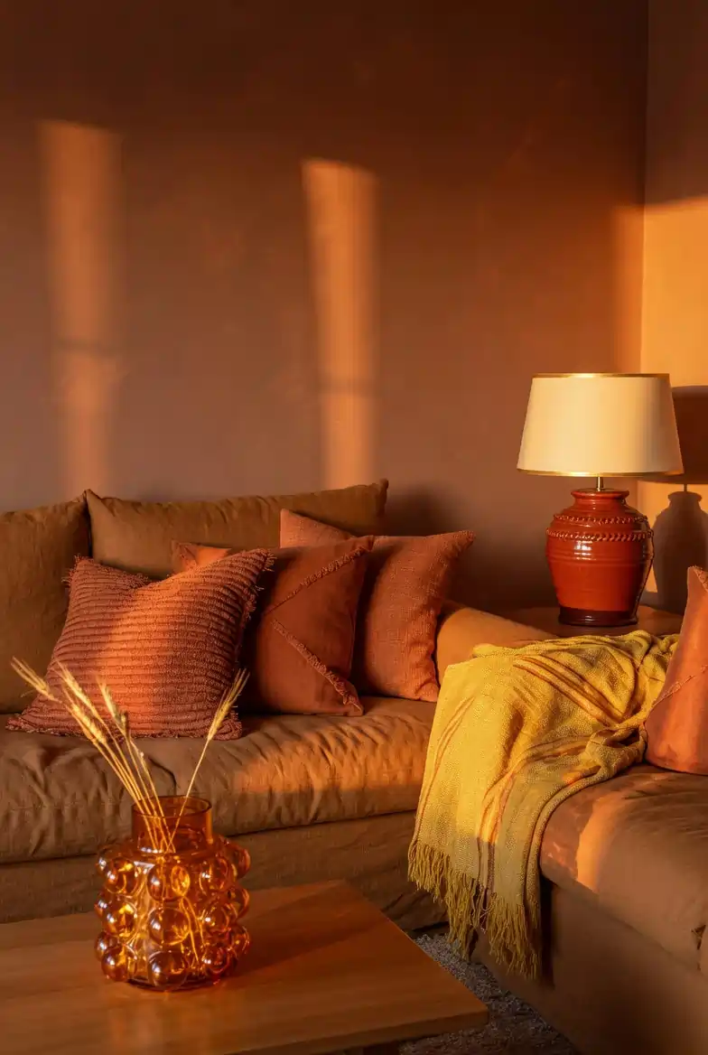 Warm brown living room walls styled with rust orange cushions, amber glass vase, and terracotta ceramic lamp in sunset tones