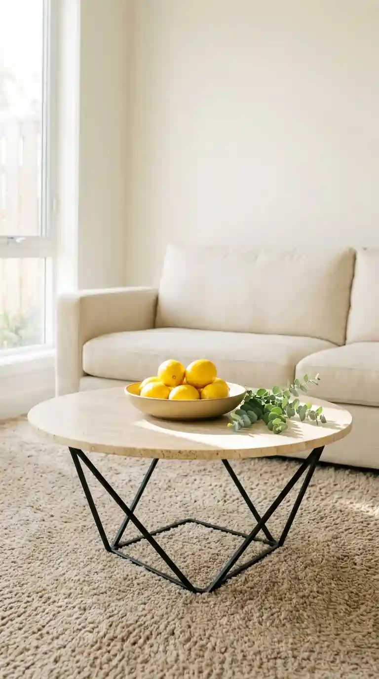 Wide ceramic bowl filled with bright yellow lemons and eucalyptus on marble coffee table