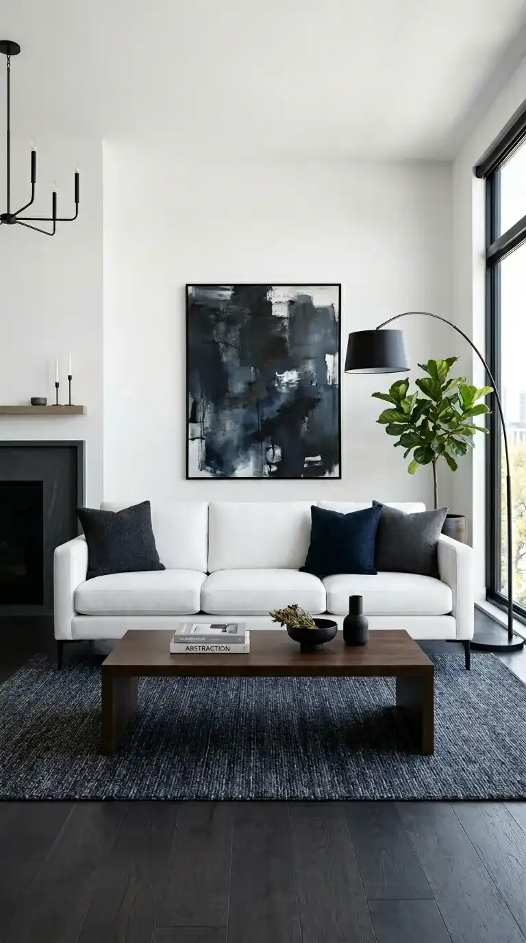Crisp white linen luxury sofa living room with matte black legs charcoal cushions dark hardwood floor and moody abstract wall art