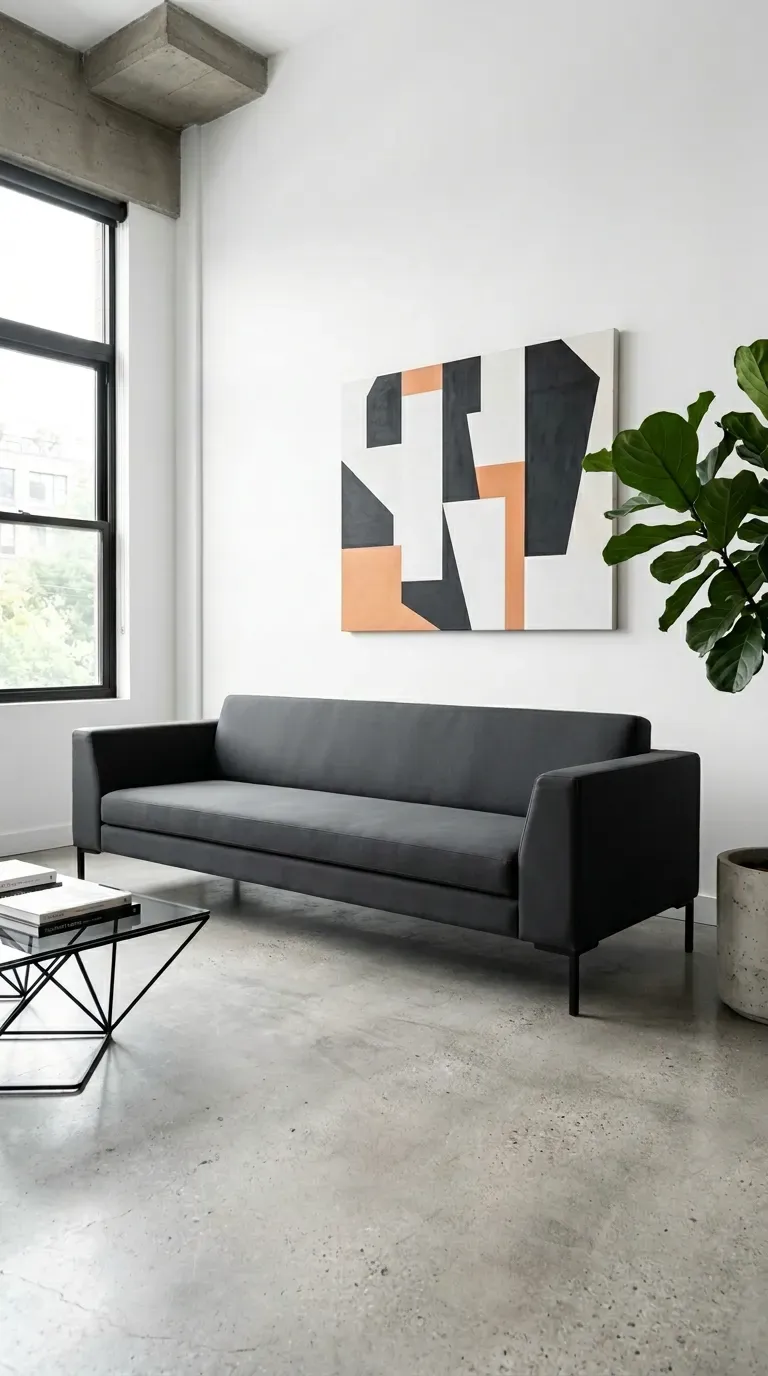 Dark grey sofa living room with sharp angular arms matte black legs no cushions bright white wall and polished concrete floor edge
