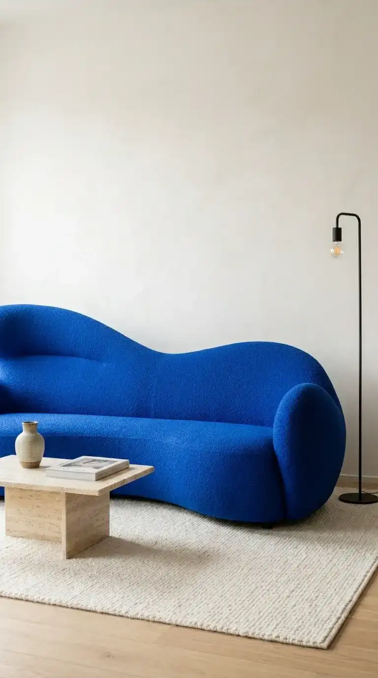 Bold cobalt blue sculptural statement sofa close up against plain white wall with stone coffee table in front