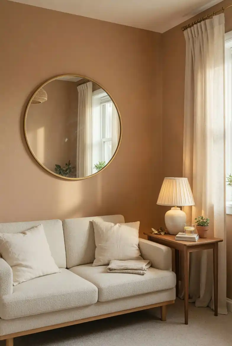 Light warm biscuit brown walls in a small living room with cream sofa, gold round mirror, and pale linen curtains