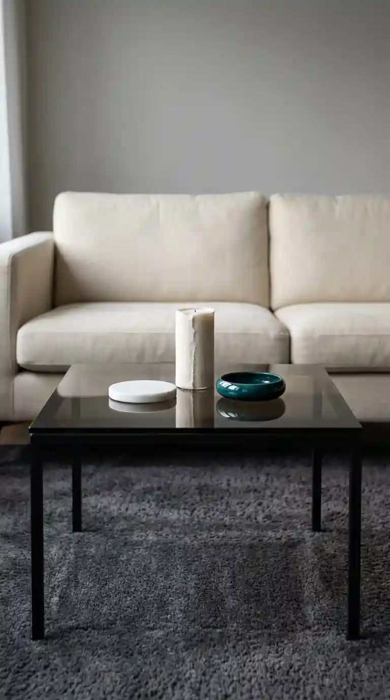 Coffee table with marble coaster linen wrapped candle and glossy teal ceramic dish for texture contrast