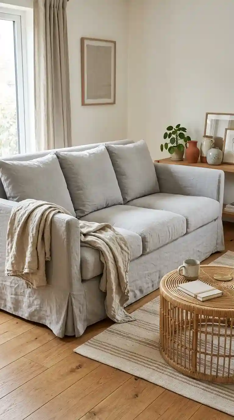 Washed grey linen slipcover sofa close up with rattan coffee table and ceramic vases visible in background