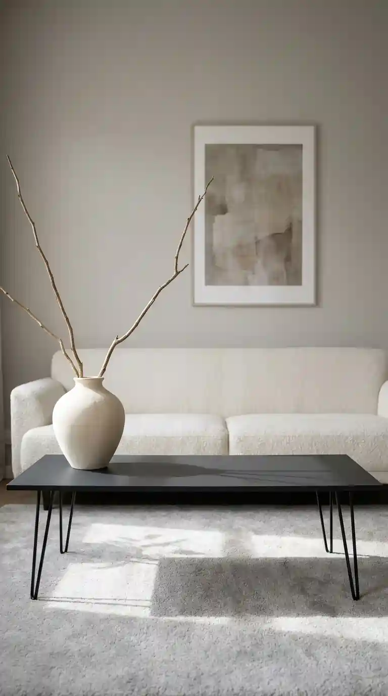 Minimalist center table living room with single ceramic vase and dried branches on one side only