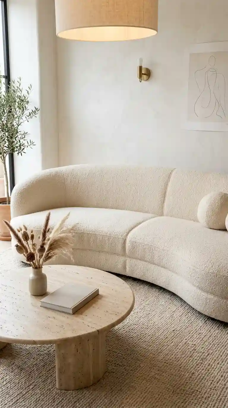 Ivory boucle sofa close up paired with round travertine coffee table in a warm modern living room sofa design