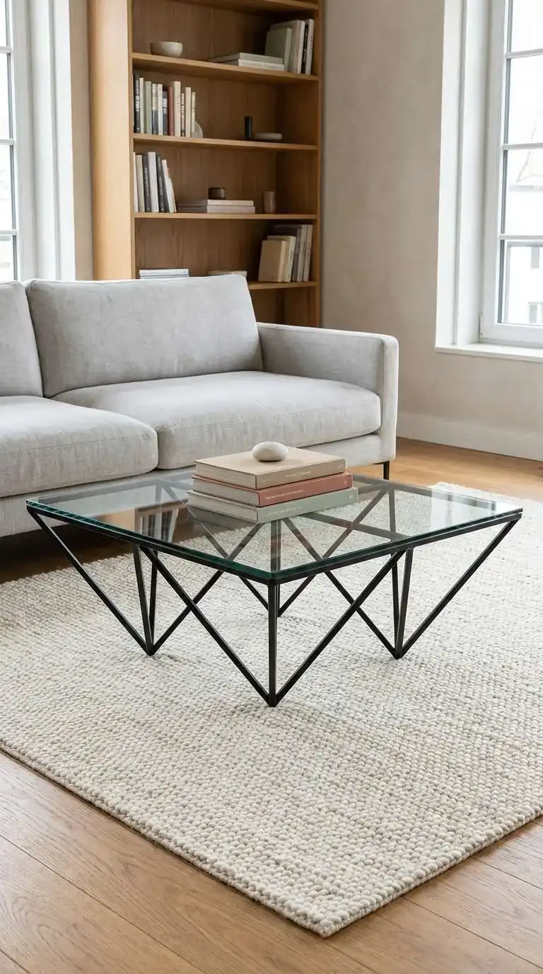 stacked neutral hardcover books with smooth white stone on geometric black steel glass coffee table in modern living room