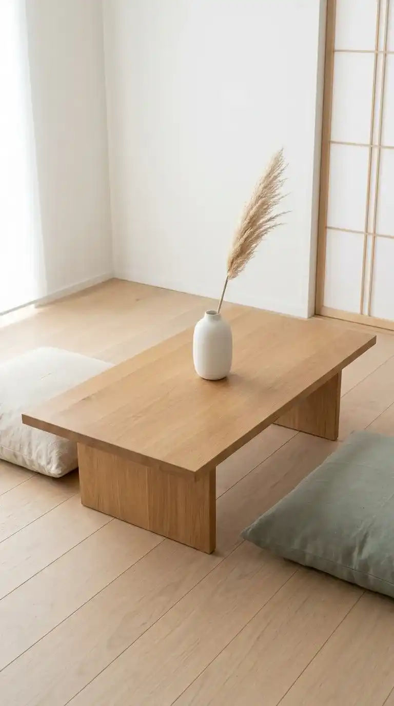 Low solid oak Japanese tea table design for living room with a single ceramic vase and linen floor cushions on pale wood floor