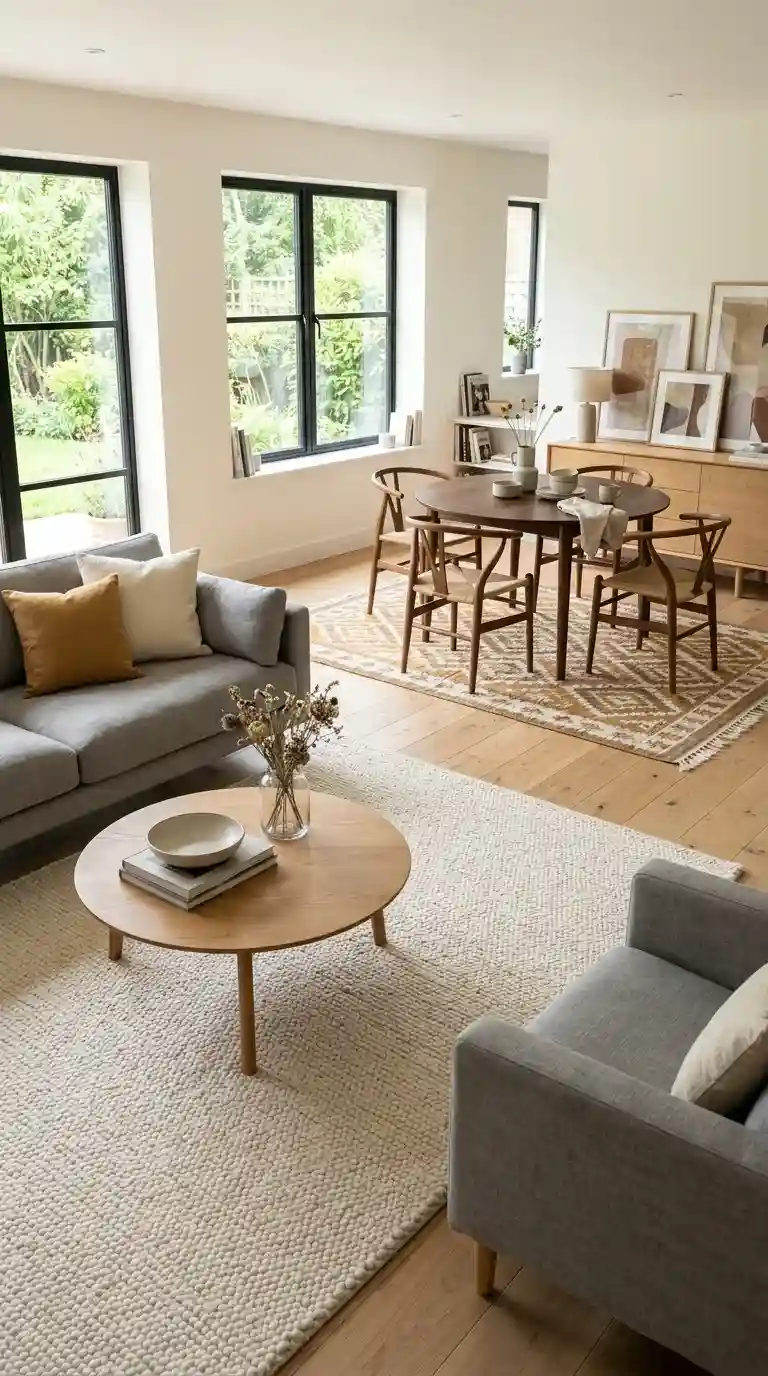 Open-plan living room with dining table separated by two rugs a cream textured rug in seating zone and ochre patterned rug under dining table