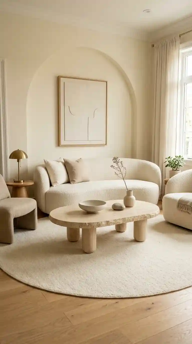 Oval organic shaped travertine coffee table with curved stone legs styled with a ceramic bowl on a round cream wool rug