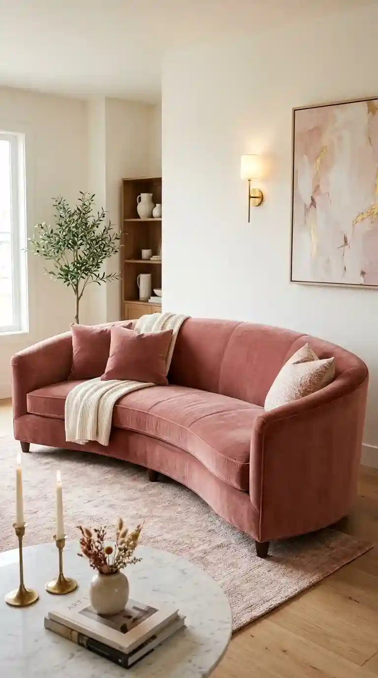 Curved dusty rose sofa in a modern living room with round marble coffee table and soft blush decor