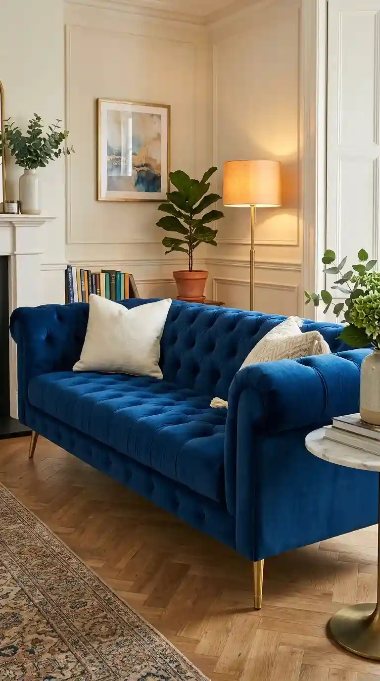 Deep sapphire blue velvet button tufted luxury sofa living room with brass floor lamp ivory cushions and white marble side table