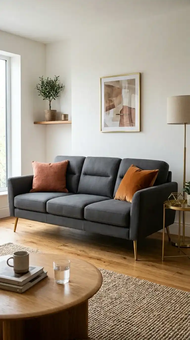 Dark grey sofa living room with smooth matte fabric brass tapered legs terracotta burnt amber cushions and warm white wall behind