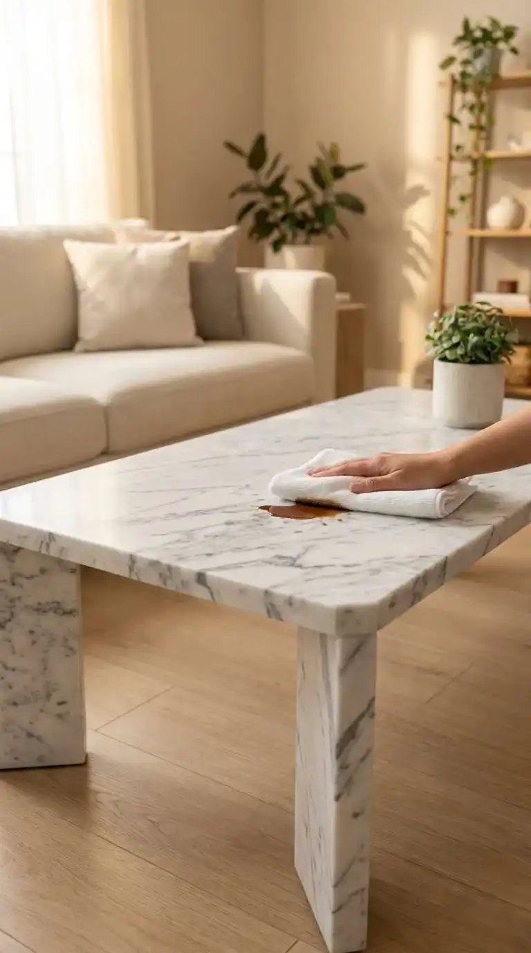 White microfiber cloth blotting a liquid spill on a white marble coffee table surface with soft grey veining
