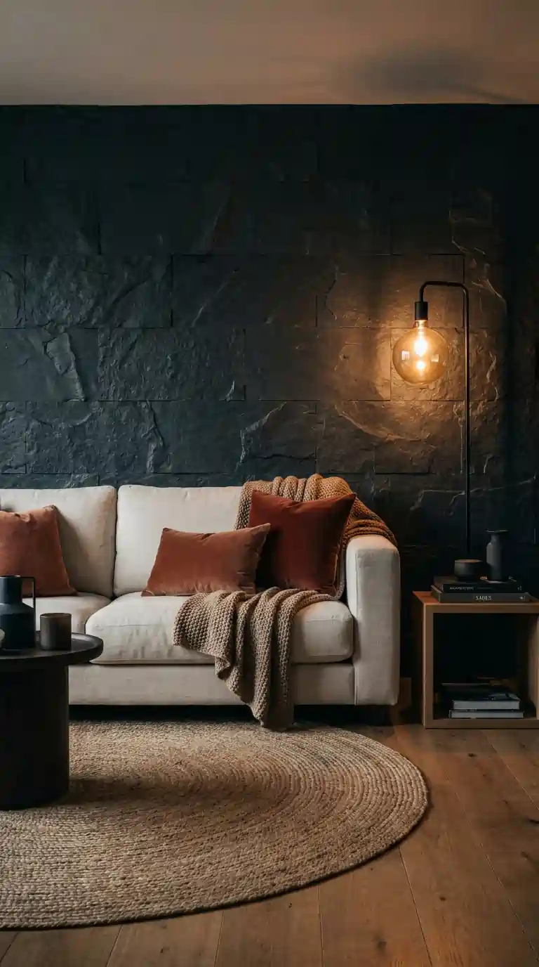 Dark charcoal stone accent wall behind cream sofa with terracotta pillows and warm floor lamp