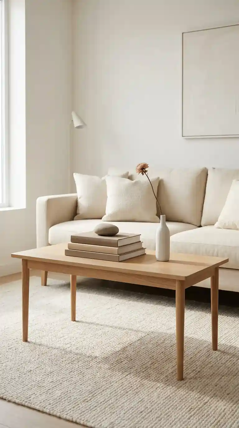 Center table living room vignette with stacked neutral books smooth stone and bud vase