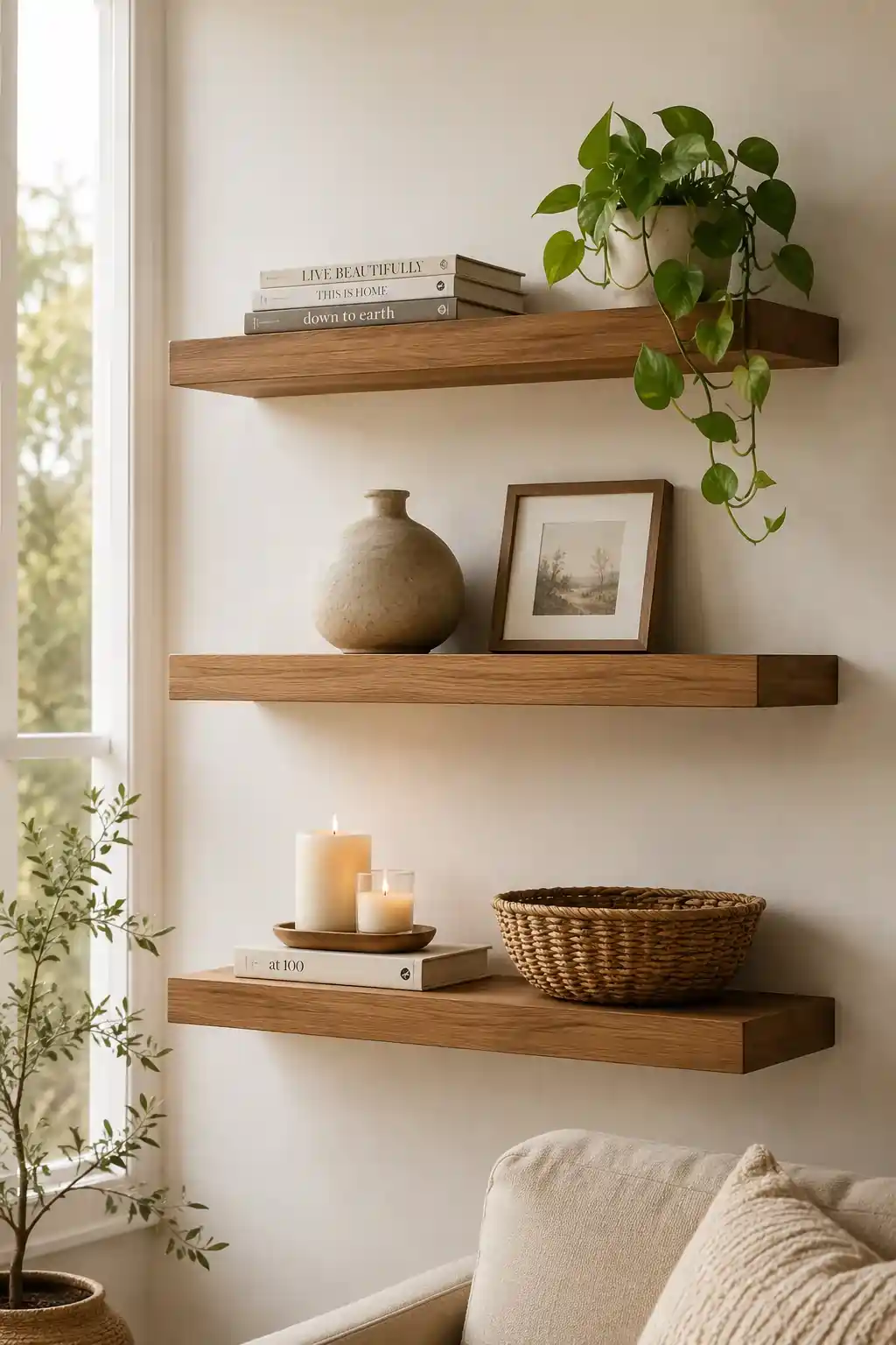 Staggered oak floating shelves on white wall styled with books, trailing pothos, ceramic vase, and candles in living room