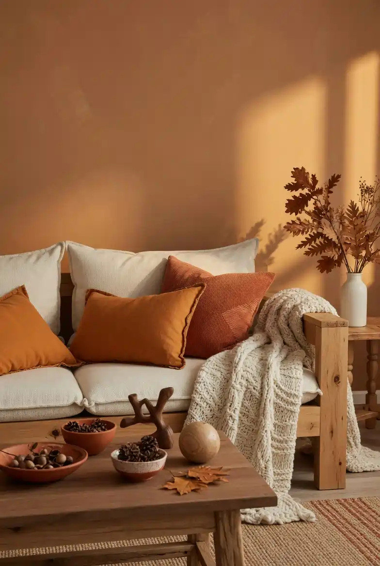 Warm caramel brown living room walls with burnt orange cushions, terracotta ceramics, and chunky cream knit throw
