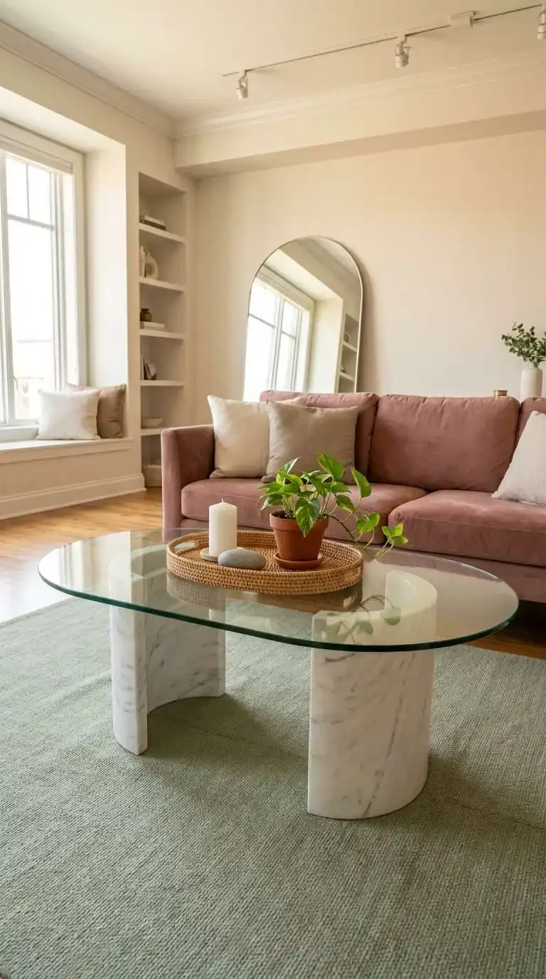 woven rattan tray with white pillar candle and small pothos plant styled on oval glass coffee table with marble pedestal base