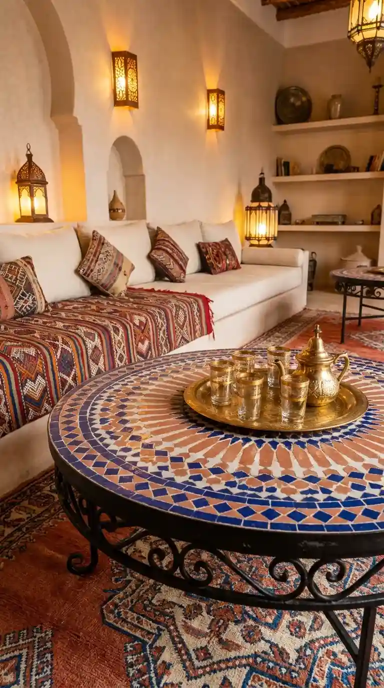 Round Moroccan mosaic tile coffee table with cobalt blue terracotta geometric inlay and brass tea tray in a cozy living room