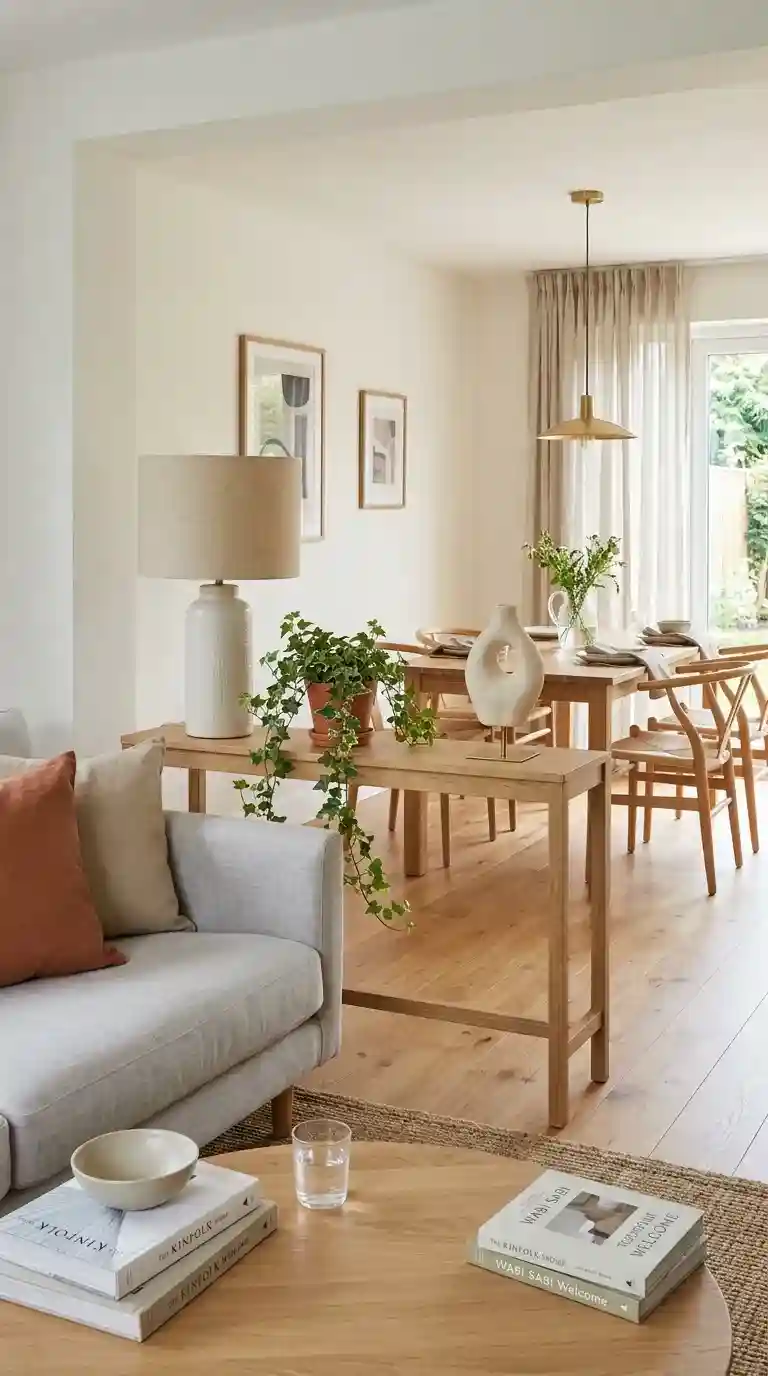 Slim oak console table with ceramic lamp trailing ivy and decorative object dividing living and dining zones in an open-plan room