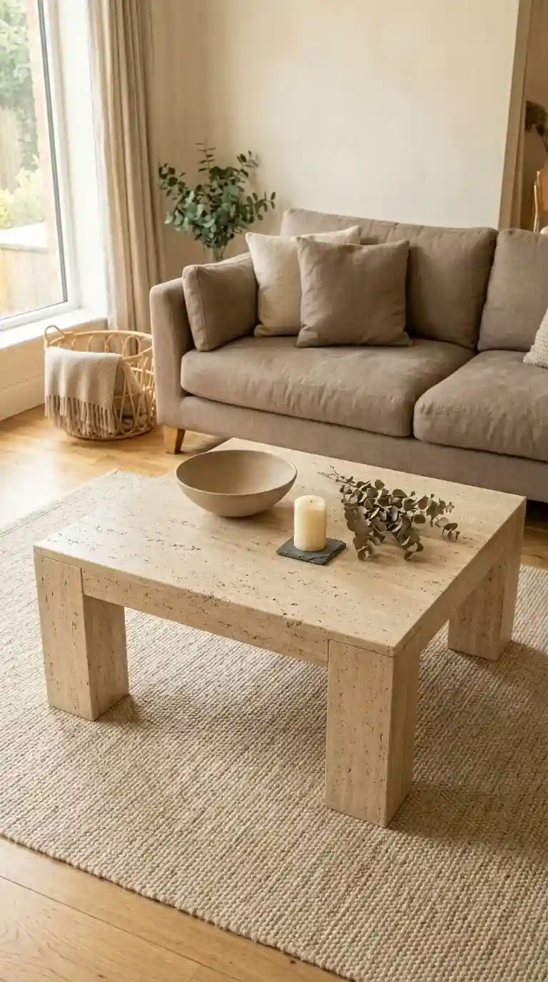 Rectangular travertine middle table with natural pitted texture styled with a clay bowl and pillar candle in a warm living room