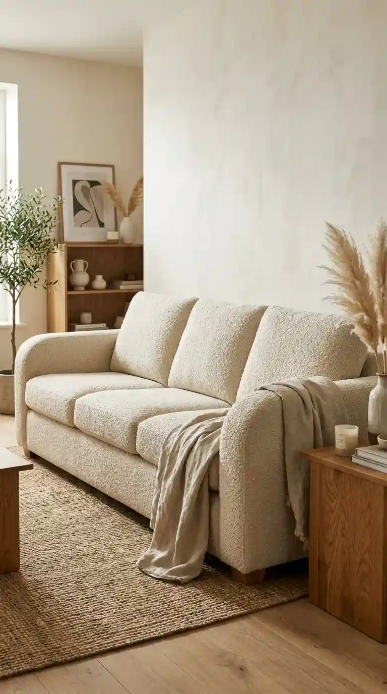 Oatmeal boucle sofa in a warm modern living room styled with dried pampas, jute rug, and oak accents