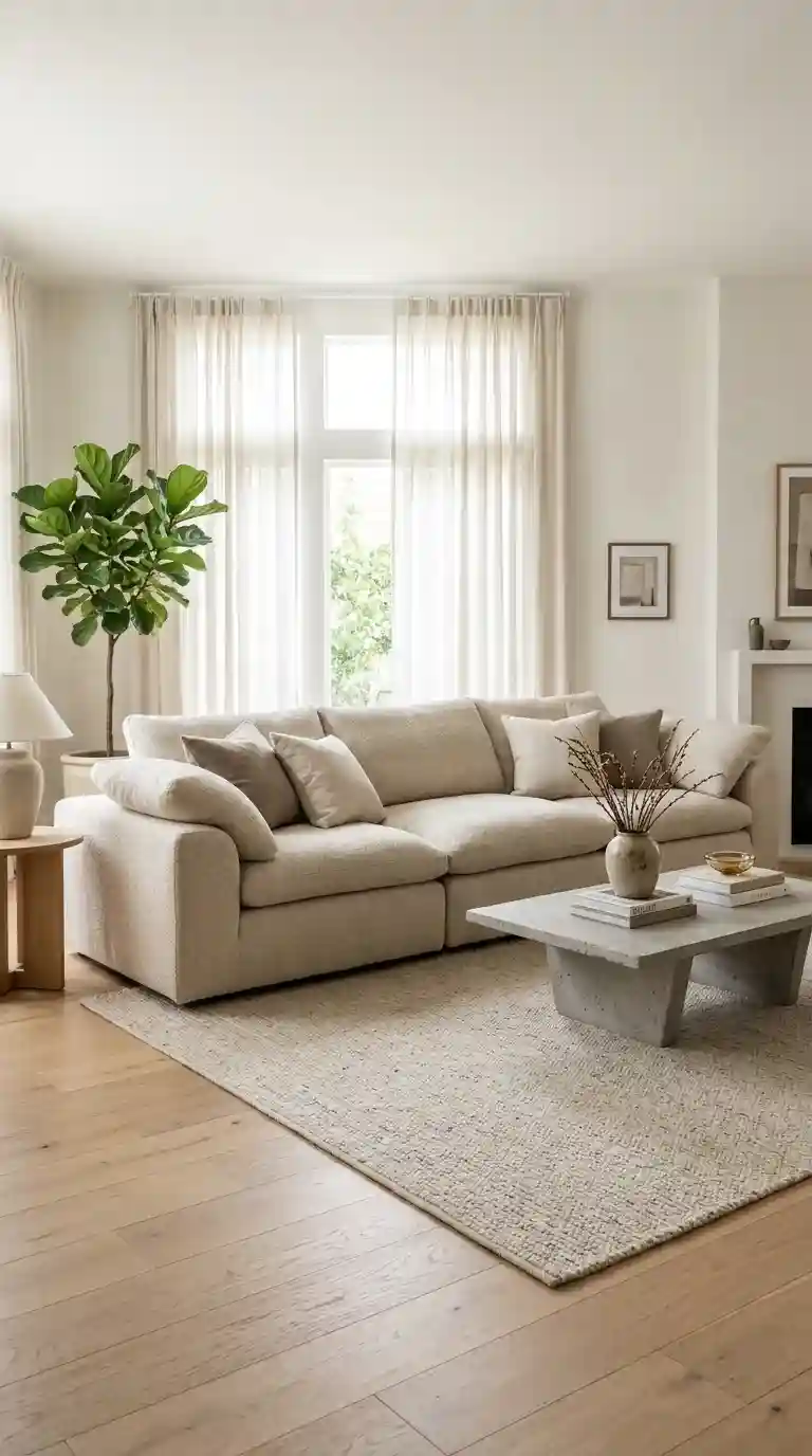 Oversized cream cloud sofa with deep plush feather filled cushions low slung silhouette and concrete coffee table in airy living room