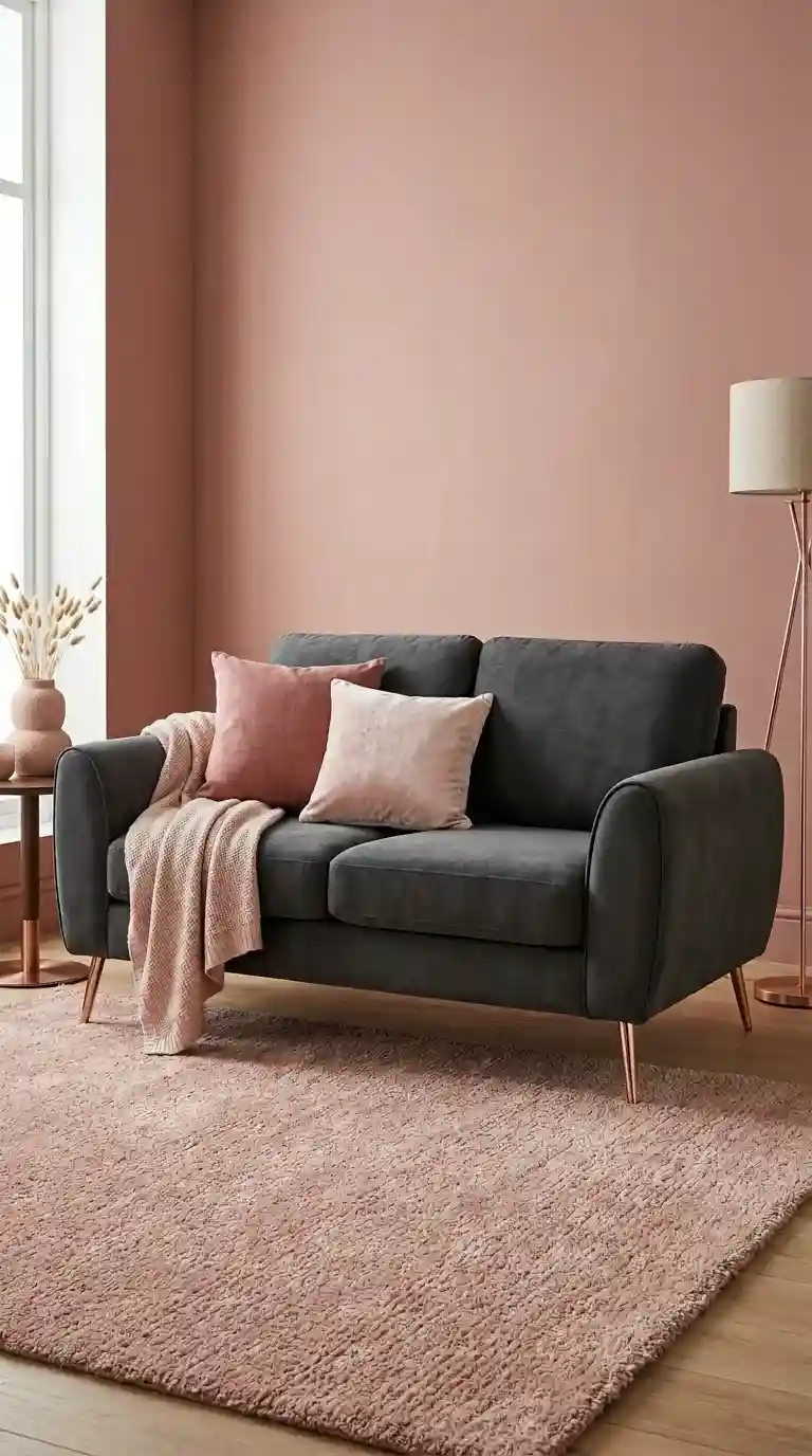 Dark grey sofa with plush rounded arms rose gold legs dusty rose and blush cushions and soft blush throw in elegant living room