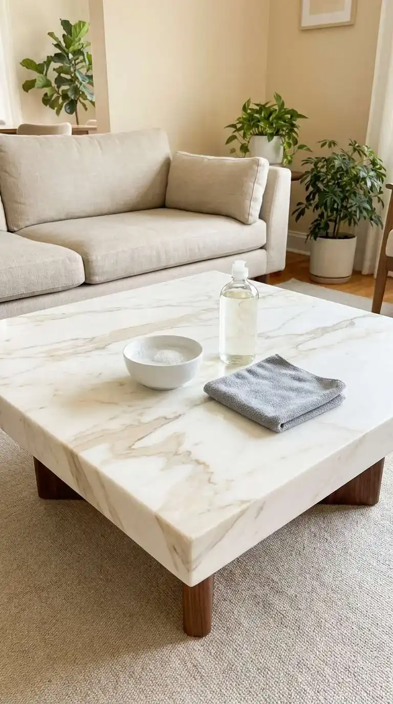 DIY marble cleaner with dish soap and warm water in a white bowl beside a folded cloth on a marble surface