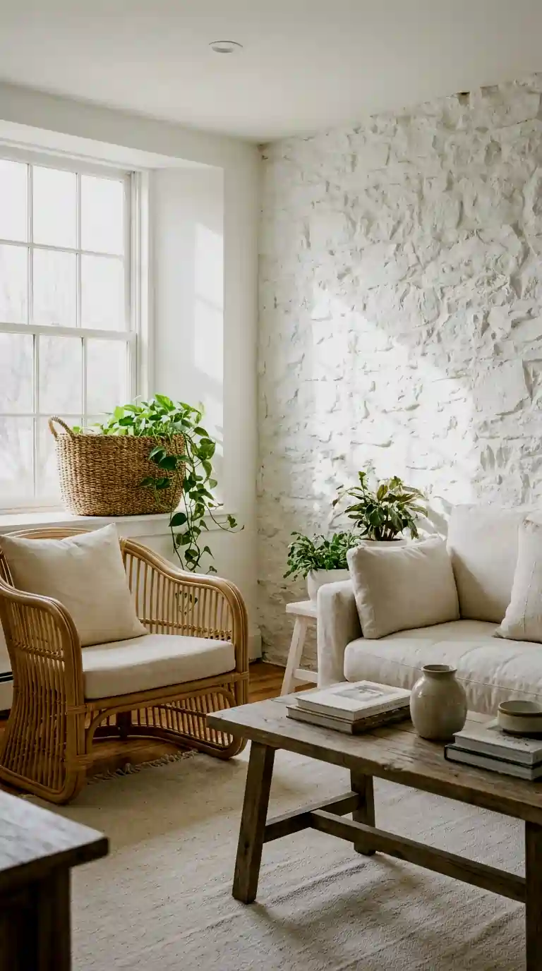 Whitewashed stone wall in a bright farmhouse living room with rattan chair and trailing plants