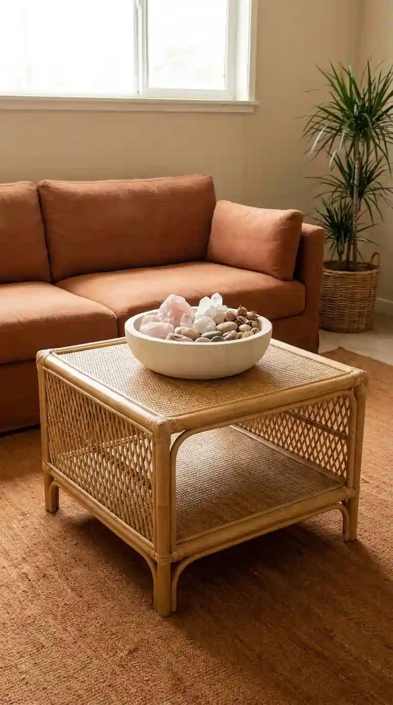 Shallow cream ceramic bowl filled with raw crystals river stones and dried seed pods