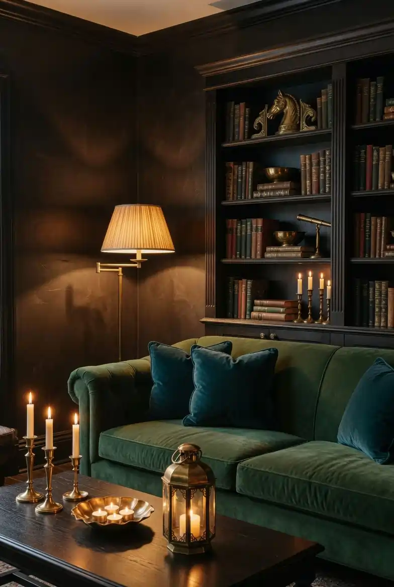 Moody espresso brown living room with forest green velvet sofa, built-in dark wood bookcase, and warm brass lamp