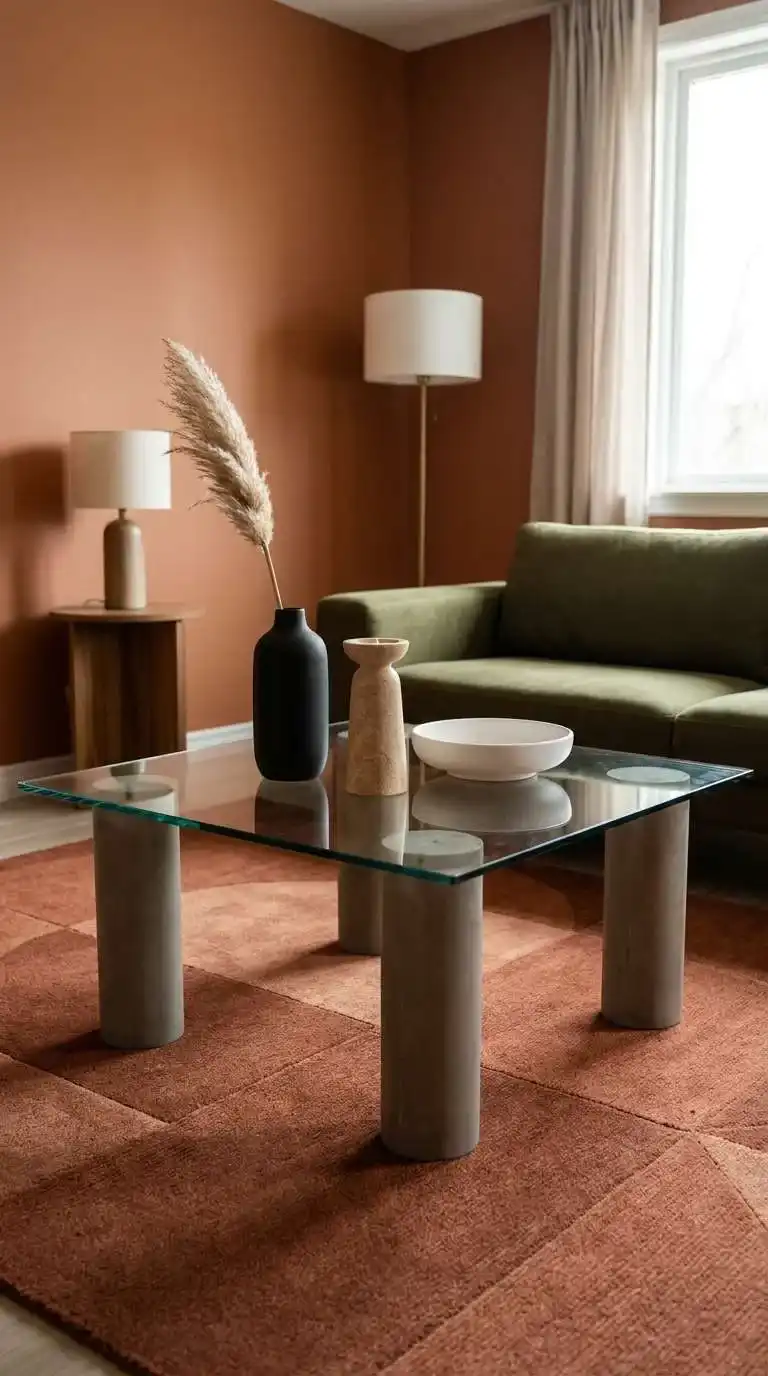 tall bud vase, stone candle holder, and ceramic bowl at varying heights on square glass table with concrete legs in living room