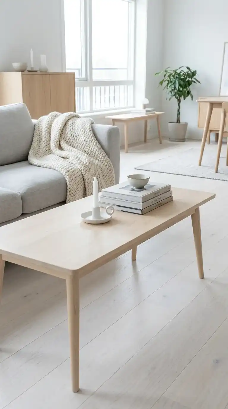 Light birch wood Scandinavian coffee table with tapered legs, stacked books, and chunky cream knit throw in a bright living room