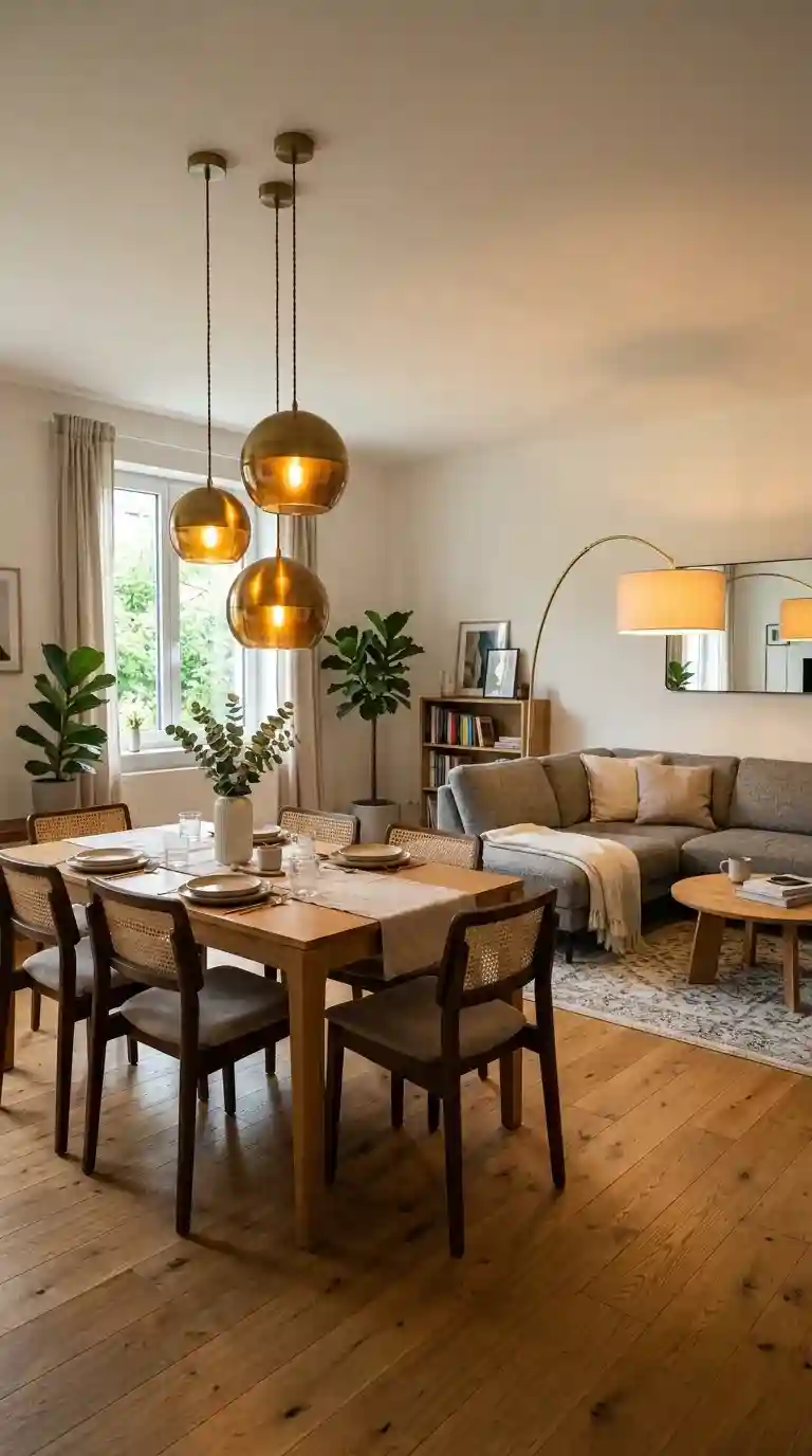 Brass globe pendant cluster above dining table and arc floor lamp in living area zoning an open-plan living room with dining table
