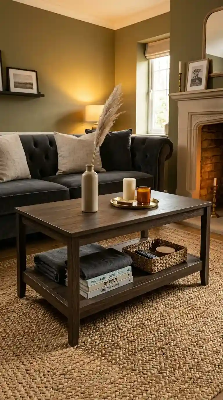 Two-level dark oak coffee table with lower shelf holding books, a basket, and a throw beside a charcoal velvet sofa