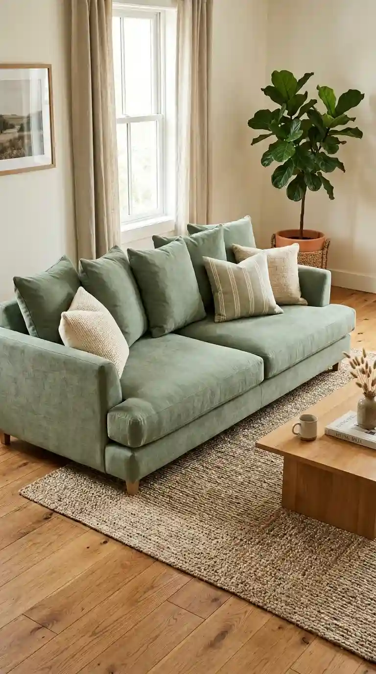 Deep seat sage green sofa in a cosy modern living room with low coffee table and indoor potted plant
