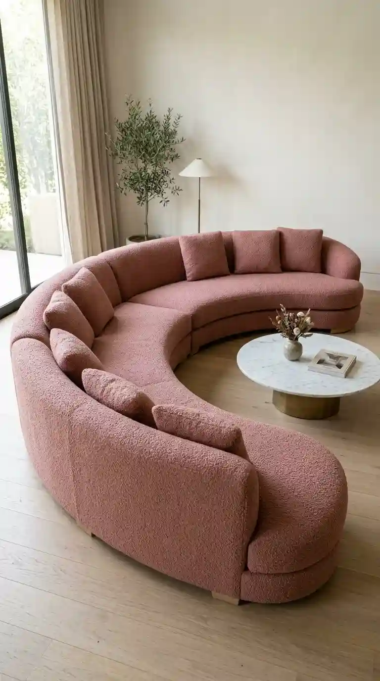 Dusty rose bouclé Italian curved sectional sofa with continuous arc silhouette and round marble coffee table in modern elegant living room