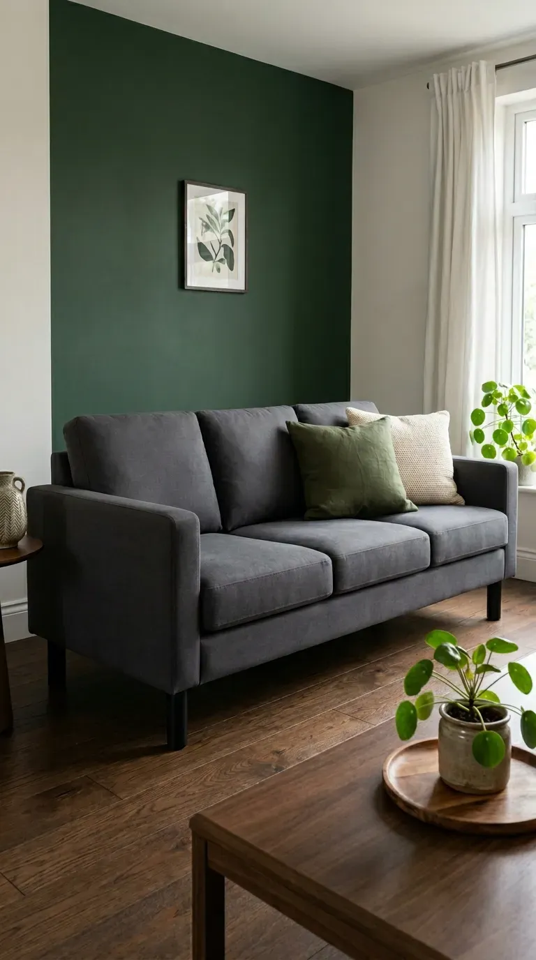 Dark grey sofa with straight modern arms matte black legs olive and ivory cushions against deep matte forest green accent wall