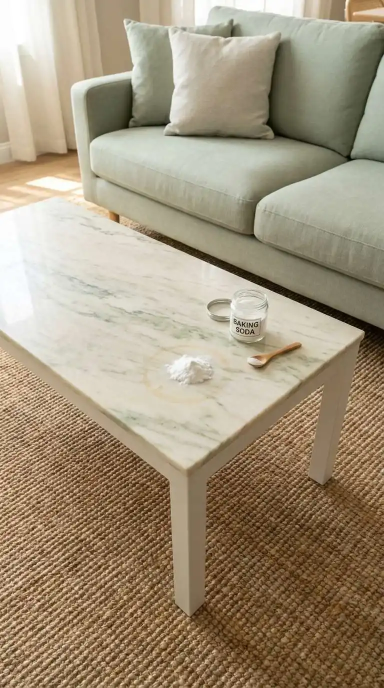 Baking soda paste applied to a faint stain on a white marble table surface with a small jar and wooden spoon nearby